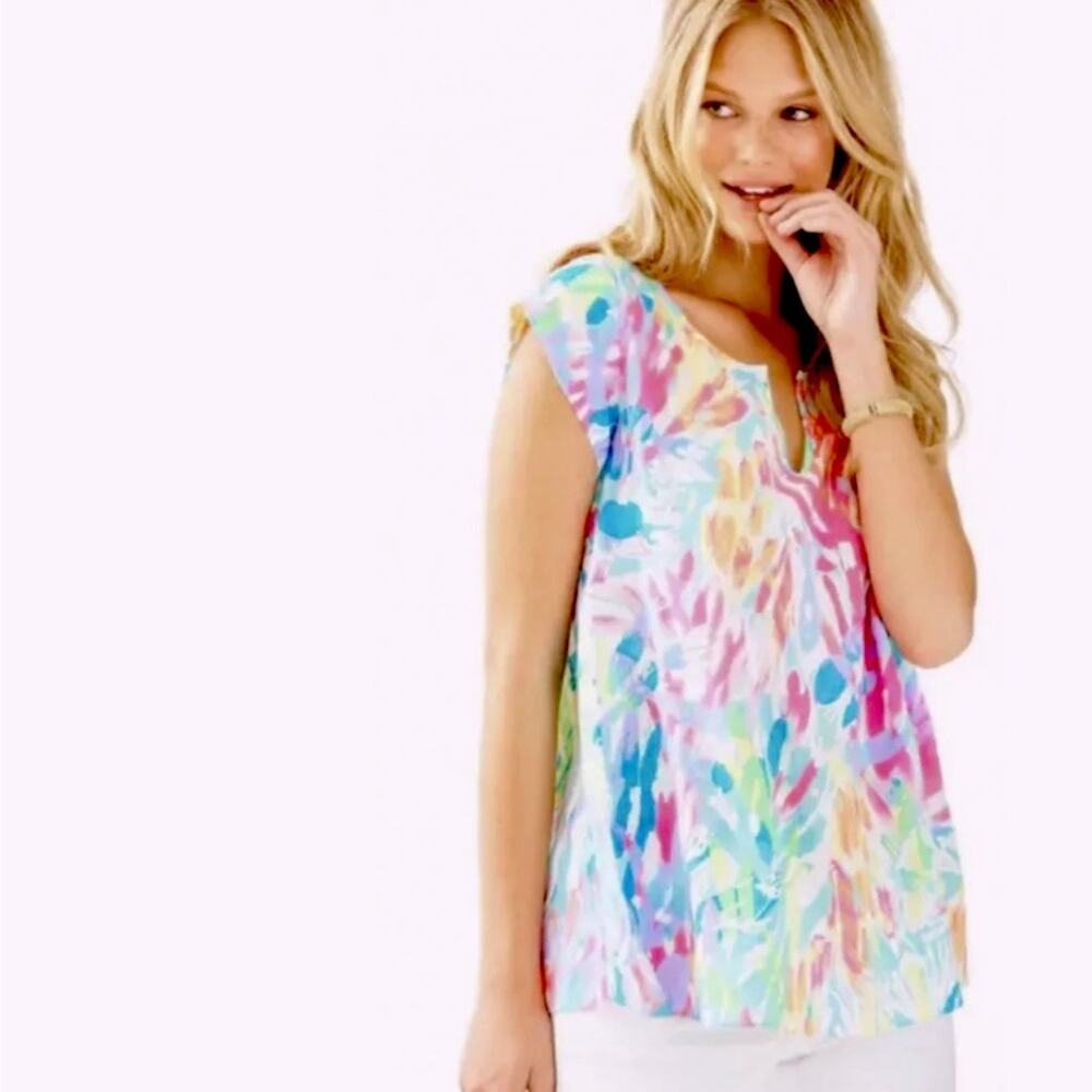Lilly Pulitzer Shelley Top Cap Sleeve Sparkling Sands Brush Stoke Shirt Size XS